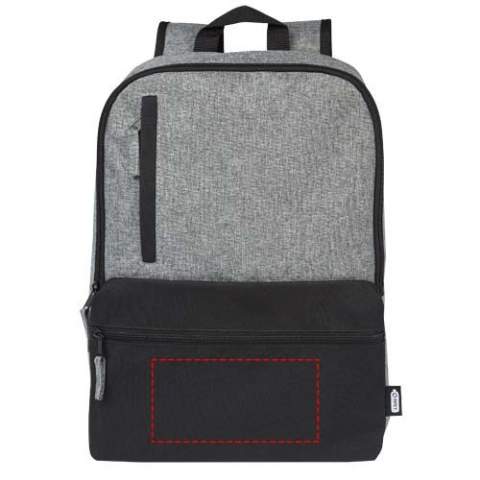 Laptop backpack made from 100% GRS recycled materials on the exterior featuring 2 zippered front pockets plus a spacious zippered main compartment containing a padded 15" laptop sleeve. The Reclaim laptop backpack provides a sustainable yet durable bag for your accessories and electronics, ideal for commuting, traveling, or regular daily use.