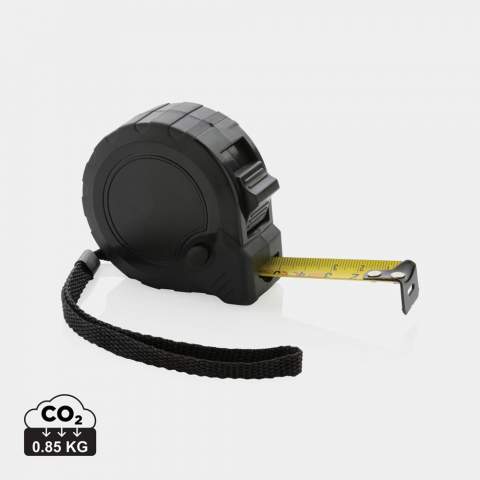 5 metre tape made with RCS (Recycled Claim Standard) certified recycled ABS. Total recycled content: 15% based on total item weight. RCS certification ensures a completely certified supply chain of the recycled materials. With deluxe TRP rubber grip for smooth hold.  With release/lock button and extra hold button on the side.  With 19mm single sided tape, yellow with black carbon steel hook. With polyester wrist strap. Packed in FSC® mix kraft packaging<br /><br />TapeLengthMeters: 5.00
