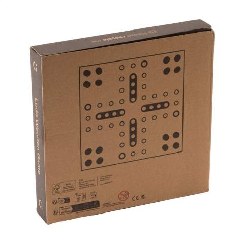 Jeu de société en bois avec 16 pions et un dé, en bois certifié FSC 100%. Dans un format compact. Un jeu pour 2 à 4 personnes, adapté aux jeunes et aux moins jeunes. Chaque article est fourni dans une boite individuelle en papier kraft marron.
