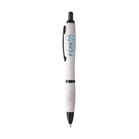 Umweltfreundlicher, blauschreibender Kugelschreiber, hergestellt aus 50% PP und 50% Weizenstroh. Versehen mit schwarzen Akzenten und Metallclip. Teilweise biologisch abbaubar.