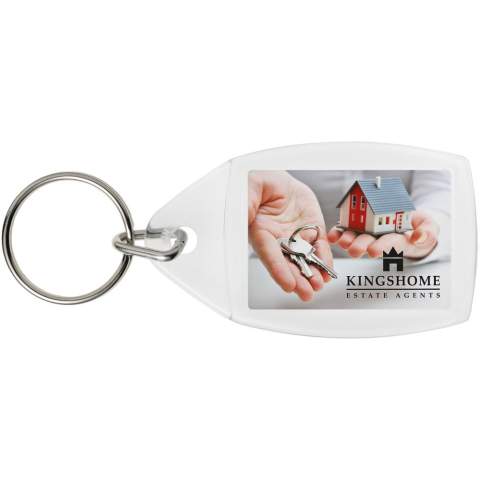 Doorzichtige P5 sleutelhanger met metalen sleutelring. Afmetingen van het te bedrukken inzetstuk: 3,5 cm x 2,4 cm.