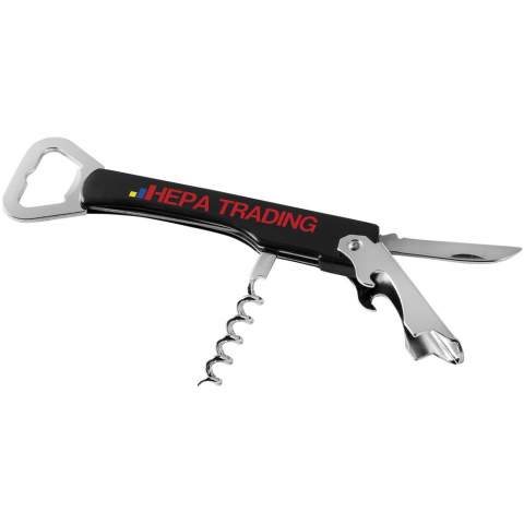 Waitress knife with bottle opener, corkscrew and foil cutter.