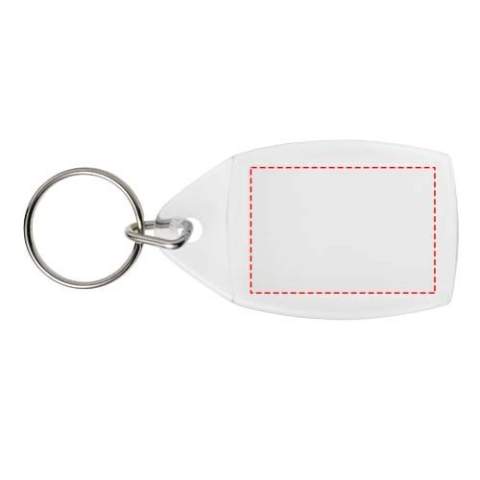 Doorzichtige P5 sleutelhanger met metalen sleutelring. Afmetingen van het te bedrukken inzetstuk: 3,5 cm x 2,4 cm.