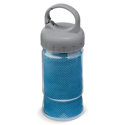 This quick dry workout towel is 300x900mm. Good item to use as a sweat towel or to clean dirt from body or fitness equipment during or after outdoor sport activities. Nicely packed in a bottle. Imprint on the bottle. Towel is not brandable.