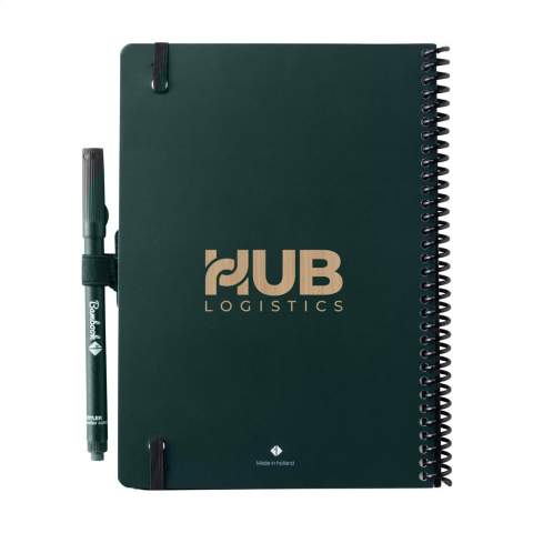 Bambook Classic Original erasable notebook in A5 format. With sturdy bendable cover made from FSC-certified cardboard printed with a subtle bamboo pattern and 20 sheets/40 pages of erasable, dot grid paper. Write with the special marker on the whiteboard pages, scan your notes with the Bambook app and wipe your pages clean for reuse with a damp cloth. With wire-o binding and pen loop. Includes pen with eraser. The notebook is handmade. Made in Holland.