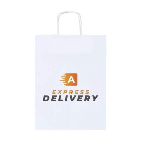 Solide Geschenktüte aus Papier im A4-Format, ideal für Werbeaktionen, Messen oder als Verpackung im Einzelhandel. Mit kurzen, stabilen Trageschlaufen aus Papier, einer Seitenfalte und einem gefalteten Boden für zusätzlichen Komfort. Die Vorder- und Rückseite sind vollständig mit einem Vollfarbdruck personalisierbar – ein budgetfreundlicher, praktischer und auffälliger Träger für Ihre Marke. 100% recycelbar. Erhältlich in Weiß und Braun.