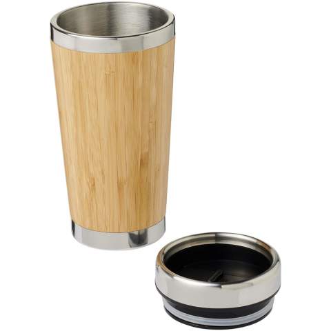 Double-walled insulated tumbler made from stainless steel and finished with a natural bamboo outer. It can keep drinks hot for up to 2 hours and cold for up to 4 hours. Drinking from it is easy with the press-on lid with sliding cover to close.
