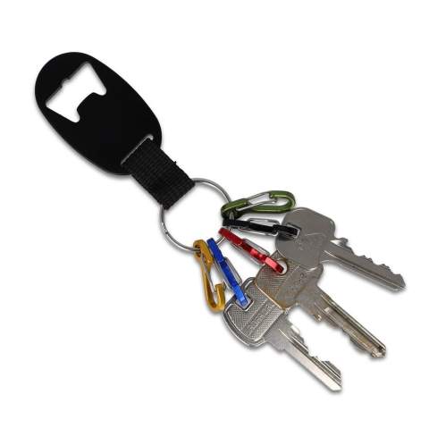 Flaschenöffner-Schlüsselanhänger aus recyceltem Aluminium mit 5 kleinen Karabinerhaken zur Organisation Ihrer Schlüssel. Ein praktisches und umweltfreundliches Accessoire für den täglichen Gebrauch.