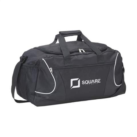 Large sports/travelling bag made of 600D polyester. With front pocket with zipper, mesh pocket, 2 handles and an adjustable shoulder strap. Capacity approx. 22 litres.