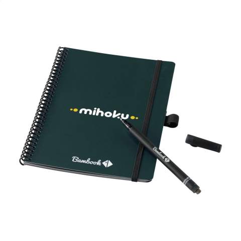 Bambook Classic Original erasable notebook in A5 format. With sturdy bendable cover made from FSC-certified cardboard printed with a subtle bamboo pattern and 20 sheets/40 pages of erasable, dot grid paper. Write with the special marker on the whiteboard pages, scan your notes with the Bambook app and wipe your pages clean for reuse with a damp cloth. With wire-o binding and pen loop. Includes pen with eraser. The notebook is handmade. Made in Holland.