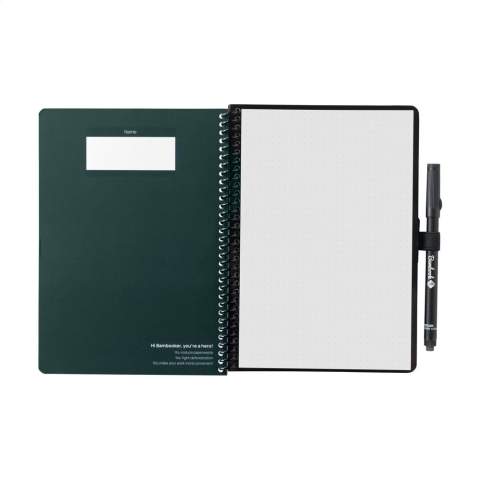 Bambook Classic Original erasable notebook in A5 format. With sturdy bendable cover made from FSC-certified cardboard printed with a subtle bamboo pattern and 20 sheets/40 pages of erasable, dot grid paper. Write with the special marker on the whiteboard pages, scan your notes with the Bambook app and wipe your pages clean for reuse with a damp cloth. With wire-o binding and pen loop. Includes pen with eraser. The notebook is handmade. Made in Holland.