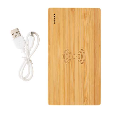 Eco 4.000 mAh powerbank made out of natural and sustainable bamboo. Supports 5W wireless charging and charging via USB port by cable. When fully charged it will provide you with enough energy to re-charge your mobile phone up to two times. The powerbank contains a long-lasting grade A 4.000 mAh high-density lithium polymer battery. The power indicators will indicate the remaining energy level so you always know when to re-charge. Input 5V/2A. USB Output 5V/2A. Wireless Output 5W 5V/1A.<br /><br />WirelessCharging: true<br />PowerbankCapacity: 4000