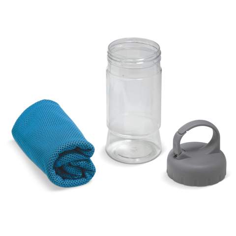 This quick dry workout towel is 300x900mm. Good item to use as a sweat towel or to clean dirt from body or fitness equipment during or after outdoor sport activities. Nicely packed in a bottle. Imprint on the bottle. Towel is not brandable.