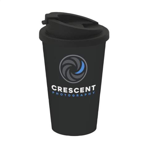 Double-walled, PP plastic mug for a coffee-to-go. The tight-fitting screw lid has an opening to drink from with a snap closure. Fits in to most standard car drink holders. Reusable, BPA Free and Food Approved. Capacity 350 ml. Made in Germany.