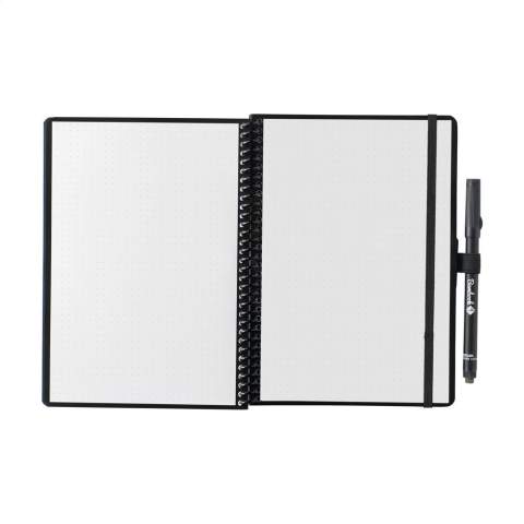 Bambook Classic Original erasable notebook in A5 format. With sturdy bendable cover made from FSC-certified cardboard printed with a subtle bamboo pattern and 20 sheets/40 pages of erasable, dot grid paper. Write with the special marker on the whiteboard pages, scan your notes with the Bambook app and wipe your pages clean for reuse with a damp cloth. With wire-o binding and pen loop. Includes pen with eraser. The notebook is handmade. Made in Holland.