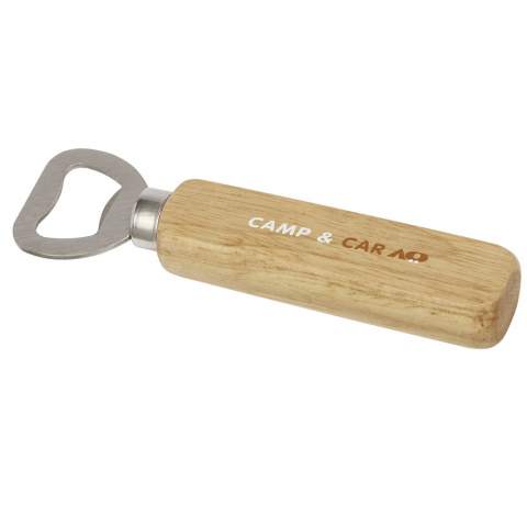Bottle opener made of stainless steel with wooden surface.
