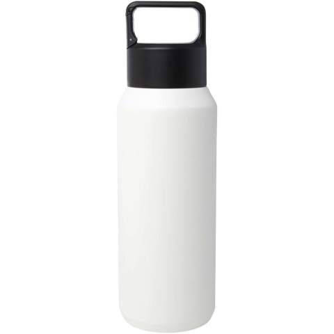 RCS certified stainless steel double-walled copper vacuum insulated water bottle featuring a lid with a built-in carabiner clip, making it easy to attach to a bag or belt. Also suitable for carbonated drinks. Delivered in a recycled cardboard gift box. Volume capacity: 600 ml.