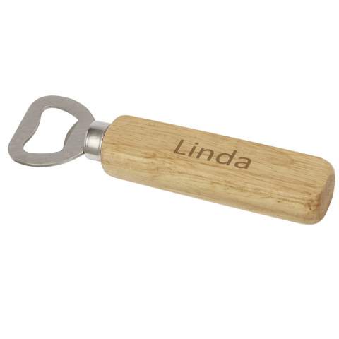 Bottle opener made of stainless steel with wooden surface.