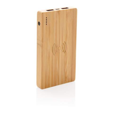 Eco 4.000 mAh powerbank made out of natural and sustainable bamboo. Supports 5W wireless charging and charging via USB port by cable. When fully charged it will provide you with enough energy to re-charge your mobile phone up to two times. The powerbank contains a long-lasting grade A 4.000 mAh high-density lithium polymer battery. The power indicators will indicate the remaining energy level so you always know when to re-charge. Input 5V/2A. USB Output 5V/2A. Wireless Output 5W 5V/1A.<br /><br />WirelessCharging: true<br />PowerbankCapacity: 4000