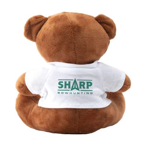 Dunkelbrauner, superweicher Kuschelbär mit Glasaugen, harter Nase und weißem T-Shirt. Ohne Druck werden Bären und T-Shirts lose geliefert.
