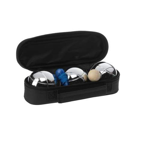 Jeu de boules set: 3 balls (Ø 7.2 cm, 715 g) wooden jack and measuring cord. In a 600D nylon carry case.