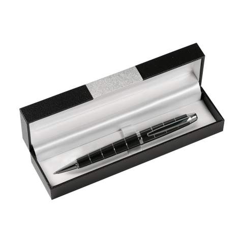 Ballpoint with turn click system, with shiny metal trim and large blue ink fill. In a case.
