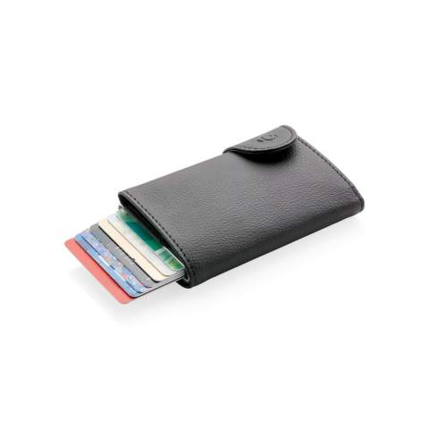 Deze stevige aluminium kaarthouder beschermt uw belangrijkste kaarten tegen elektronisch zakkenrollen. Nooit meer gebroken of gebogen kaarten. Geschikt voor maximaal 7 kaarten of 5 reliëfkaarten. Eenvoudige regelaar duwt de kaarten geleidelijk op. Inclusief portemonnee voor uw papiergeld.