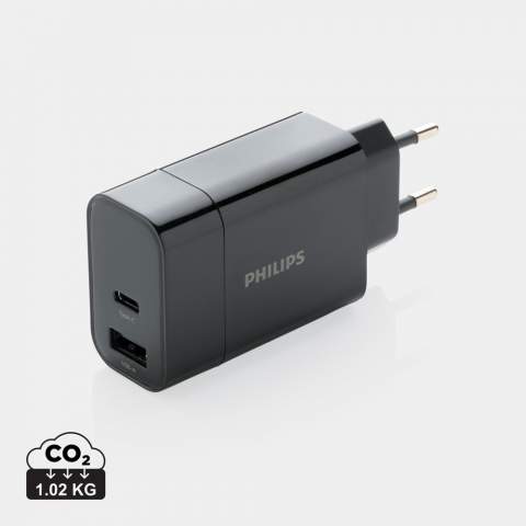 Philips superschneller 30W-Wall-Charger mit Power Delivery hat einen 2A USB-A Output sowie einen Type-C-Output, der das Fast Charging unterstützt. Auf diese Weise können Sie Ihr Mobilgerät in weniger als einer Stunde aufladen, wenn es das PD-Laden unterstützt. Input 100-240V; Type-C-Output (PD): 5V/3A,9V/2A,12V/1,5A; USB-Output: 5V/2,4A (max12W) Gesamtleistung: 30W. Verpackt in einer Philips Geschenkbox.