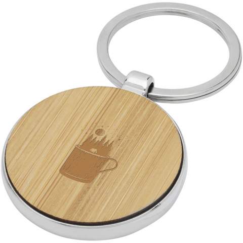 Premium quality round keychain made of bamboo with zinc alloy metal casing, supplied into a brown recycled Kraft paper envelope. The diameter of the keychain is 4 cm. Made for laser engraving. 