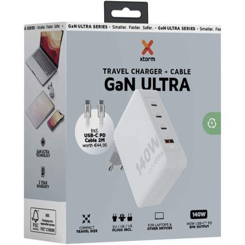 Das 140-W-GaN-Ultra-Reiseladegerät ist kompakter und leistungsstärker als je zuvor. Mit seinem kompakten Design und seiner Dual-Port-Funktionalität ist dieses Reiseladegerät perfekt für unterwegs, im Büro oder zu Hause. Mit den mitgelieferten Netzsteckern für die EU, Großbritannien und die USA und dem 240 W USB-C PD-Kabel (2 m) haben Sie alles, was Sie brauchen, um Ihre Geräte überall auf der Welt aufzuladen!