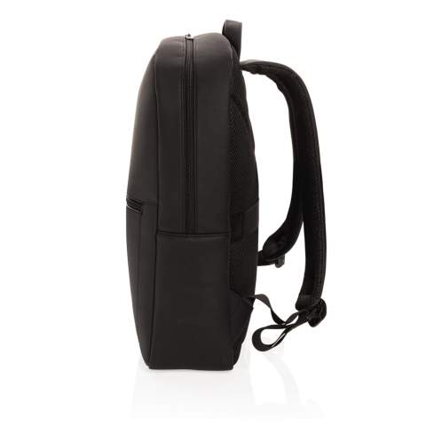 Take your commuting style up a notch with this structured backpack made with soft PU in a clean and sleek style with tonal zippers. The backpack features a top zip closure, top carrying handle, adjustable shoulder straps, external zip pocket, interior zip pocket, luggage strap and a 15.6 inch laptop pocket. Exterior 100% PU, interior 100% 210D polyester. PVC free.<br /><br />FitsLaptopTabletSizeInches: 15.6<br />PVC free: true