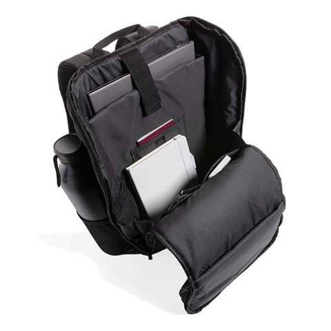 This modern & minimalist recycled polyester laptop backpack accompanies you on every commute through the professional landscape. With deep vertical front pockets and a neat easy wide open zipped lid that reveals a roomy interior complete with sections for both a laptop and an iPad. Includes RFID protected pockets inside. With AWARE™ tracer that validates the genuine use of recycled materials. Each bag has reused 21.4 PET bottles. 2% of proceeds of each Aware™ product sold will be donated to Water.org. PVC free.<br /><br />FitsLaptopTabletSizeInches: 15.6<br />PVC free: true