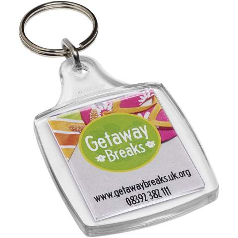 Clear A5 keychain with a metal split keyring. Designed to carry a paper insert or a passport photo. Print insert dimensions: 4,5 cm x 3,5 cm.