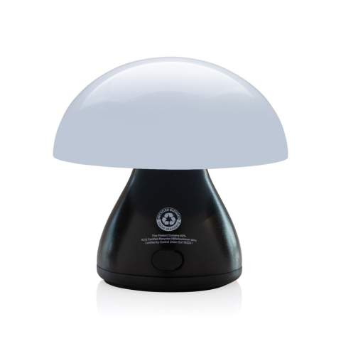 Trendy re-chargeable and portable table lamp that will look good both on your desk or in your living room. Made with RCS certified recycled ABS and RCS certified recycled aluminum. Total recycled content: 84% based on total item weight. RCS certification ensures a completely certified supply chain of the recycled materials. The table lamp will operate up 18 hours on one single charge and can be re-charged in 2 hours. With two modes (warm light and white light) that can be adjusted by touching the top of the lamp.  Rechargeable via USB-C. Packed in FSC® mix packaging. IPX 4 waterproof.<br /><br />PowerbankCapacity: 900<br />Lightsource: LED<br />PVC free: true