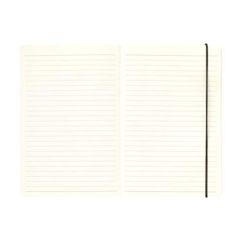 WoW! Practical notebook in A5 format. With a hard cover made from kraft cardboard (300 g/m²). This booklet has approx. 80 sheets/160 pages of cream-coloured, lined FSC Mix certified paper (80 g/m²) with a handy closing elastic and pen loop. On the inside of the back cover, you will also find a handy storage compartment.
