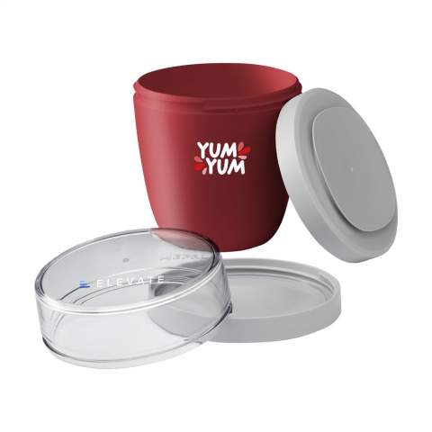 This sustainable, plastic food jar made by Mepal is a handy product for transporting your lunch or snack. The food jar has two compartments. You can separate the two with a twisting motion. Both parts have a separate lid. The ideal solution for preventing spills while mixing. The volume of the upper transparent compartment is 200 ml, which means that it holds about 75 grams of muesli or fruit. The volume of the bottom compartment is 500 ml, enough for a generous portion of soup, noodles or yoghurt. A premium high-quality product. BPA-free, Food Approved and leak-proof. Microwave safe (except lid) and freezer safe. Comes with a 2-year Mepal manufacturer's warranty. Made in Holland. 
STOCK AVAILABILITY: Up to 1000 pcs accessible within 10 working days plus standard lead-time. Subject to availability.