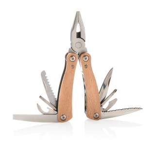 Strong and durable multitool with 13 functions. With beech wood case and high quality stainless steel tools. Tools include: Long nose pliers, standard pliers, wire cutters, serrated blade, bottle opener, large flat screwdriver, phillips screwdriver, knife, saw, small flat screwdriver, can opener, medium flat screwdriver, file. Packed in gift box.