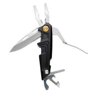 Ultra-strong tool with 10 separate functions and 9 additional bits. Packed in luxury gift box including high quality 1680D pouch. Aluminium body and stainless steel tools. Tools included: long nose pliers, standard pliers, wire cutters, knife, serrated blade, can opener, bottle opener, flat screwdriver, screwdriver bit adapter, 9-in-1 screwdriver bit set.
