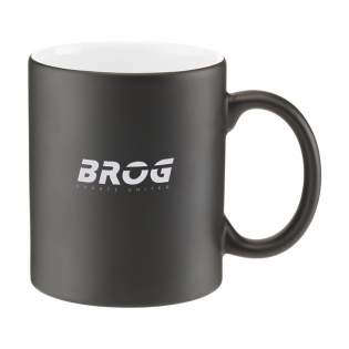A distinctive, ceramic mug which immediately draws attention due to its unusual appearance. The coloured mug has a matt black top layer. Engraving this mug with a laser will cause the coloured underlayer to appear and every logo will always match the colour on the inside of the mug. Capacity 350 ml. Not dishwasher-safe.