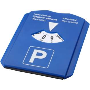 Parking disk with an ice scraper, rubber wiper, trolley coin and tire tread depth gauge. Disk has a large white logo area on the back. “Hour Of Arrival” text on disk cover listed in Dutch, English, French, German and Italian. Regulations may vary locally.