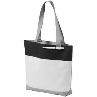 Bloomington colour-block convention tote bag. Fresh budget tote style for tradeshows, conventions, and business meetings features refreshing hues and the popular color dip trend. Open main compartment and pen loop on the front. 27 cm handle drop height. Accessoires not included. 600D Polyester. 