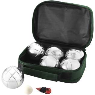 3 x 2 metal pétanque balls, a wooden jack and a distance measurer in storage pouch.