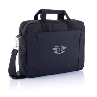 300D polyester laptop bag which is ideal for lightweight travelling. It has all the pockets you need, 15.4” laptop compartment, space to put your papers and a trolley sliding system. PVC free.