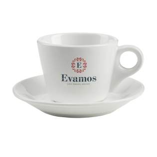 High-quality ceramic cup and saucer. Capacity 205 ml. Dishwasher safe. The imprint is dishwasher tested and certified: EN 12875-2.