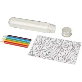Set comprenant 5 crayons de couleur et deux feuilles de coloriage dans un tube en plastique avec bouchon en métal.