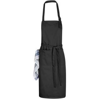 Whether with or without a logo, the Zora apron protects clothes from getting stained while cooking. The apron consists of 240 g/m² polyester (90%) and cotton (10%), giving the apron thickness and strength while still being soft and comfortable to wear. The two pockets on the front enable quick storage of kitchen utensils, and the towel loop provides convenient space for a kitchen towel. The apron is adjustable with a buckle around the neck and a tie back closure, making this apron a one-size-fits-all. 