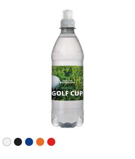 500 ml Quellwasser in einer Flasche aus 100% recyceltem Kunststoff (R-PET) mit Sportverschluss, Pfand Deutschland 0,25€