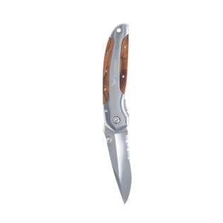Robust stainless steel survival knife with serrated edge blade, wooden inlay in the handle and handy clip. Please note local rules may apply regarding the possession and/or carrying of knives or multitools in public.. Each piece in a box.