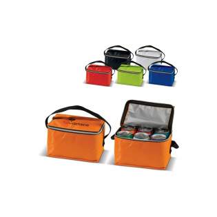Polyester-Kühltasche mit Griff für den Transport. Kompakt und geeignet für sechs Dosen (330ml), mit einem  Reißverschluss zum Verschließen der Tasche. Eine perfekte Kühltasche für einen Sommertag.