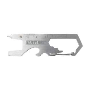 Pocket-sized stainless steel multitool. With 8 functions: bottle opener, carabiner, Phillips screwdriver, flat-blade screwdriver, Allen key in 3 sizes, ruler (5 cm). Small in size, so it’s very easy to attach to a keychain.